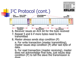 I 2 C Protocol (cont.) 6. Receiver issues an ACK bit for the byte received 7. Repeat 5 and 6 if more bytes need to be transmitted 8. Master always sends stop condition (P) a. For write transaction (master transmitting), master issues stop condition (P) after last byte of data. b. For read transaction (master receiving), master does not acknowledge final byte, just issues stop condition (P) to tell the slave the transmission is done
