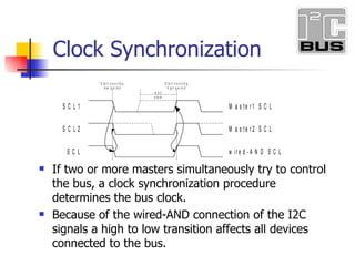 Clock Synchronization If two or more masters simultaneously try to control the bus, a clock synchronization procedure determines the bus clock. Because of the wired-AND connection of the I2C signals a high to low transition affects all devices connected to the bus.