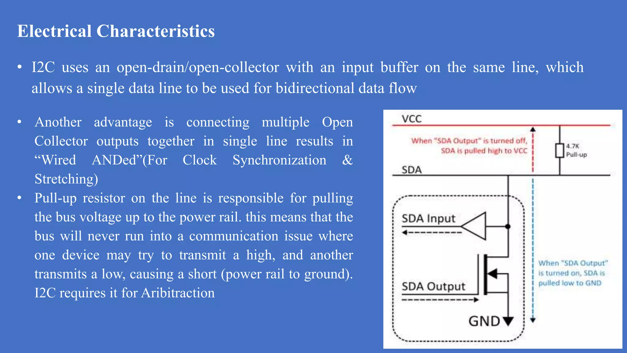 Electrical Characteristics
d
• I2C uses an open-drain/open-collector with an input buffer on the same line, which
allows a single data line to be used for bidirectional data flow
• Another advantage is connecting multiple Open
Collector outputs together in single line results in
“Wired ANDed”(For Clock Synchronization &
Stretching)
• Pull-up resistor on the line is responsible for pulling
the bus voltage up to the power rail. this means that the
bus will never run into a communication issue where
one device may try to transmit a high, and another
transmits a low, causing a short (power rail to ground).
I2C requires it for Aribitraction
 