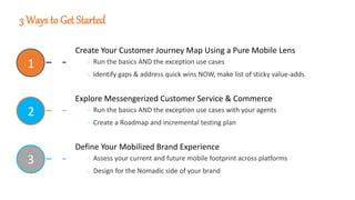 3 Ways to Get Started
1
2
3
Create Your Customer Journey Map Using a Pure Mobile Lens
◌ Run the basics AND the exception use cases
◌ Identify gaps & address quick wins NOW, make list of sticky value-adds
Explore Messengerized Customer Service & Commerce
◌ Run the basics AND the exception use cases with your agents
◌ Create a Roadmap and incremental testing plan
Define Your Mobilized Brand Experience
◌ Assess your current and future mobile footprint across platforms
◌ Design for the Nomadic side of your brand
 