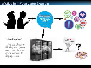 Motivation: Foursquare Example 
? 
“Gamification” 
...the use of game 
thinking and game 
mechanics in non-game 
contexts to 
engage users. 
 