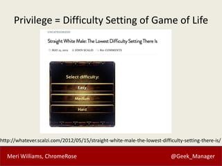Meri Williams, ChromeRose @Geek_Manager
Privilege = Difficulty Setting of Game of Life
http://whatever.scalzi.com/2012/05/15/straight-white-male-the-lowest-difficulty-setting-there-is/
 