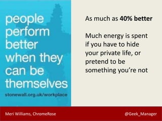 Meri Williams, ChromeRose @Geek_Manager
As much as 40% better
Much energy is spent
if you have to hide
your private life, or
pretend to be
something you’re not
 