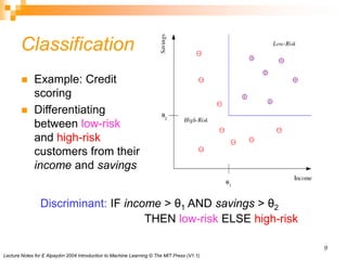 Lecture Notes for E Alpaydın 2004 Introduction to Machine Learning © The MIT Press (V1.1)
9
Classification
 Example: Credit
scoring
 Differentiating
between low-risk
and high-risk
customers from their
income and savings
Discriminant: IF income > θ1 AND savings > θ2
THEN low-risk ELSE high-risk
 