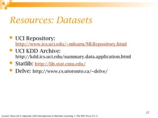 Lecture Notes for E Alpaydın 2004 Introduction to Machine Learning © The MIT Press (V1.1)
17
Resources: Datasets
 UCI Repository:
http://www.ics.uci.edu/~mlearn/MLRepository.html
 UCI KDD Archive:
http://kdd.ics.uci.edu/summary.data.application.html
 Statlib: http://lib.stat.cmu.edu/
 Delve: http://www.cs.utoronto.ca/~delve/
 