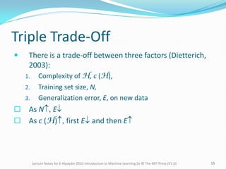 Triple Trade-Off
 There is a trade-off between three factors (Dietterich,
2003):
1. Complexity of H, c (H),
2. Training set size, N,
3. Generalization error, E, on new data
 As NE
 As c (H)first Eand then E
Lecture Notes for E Alpaydın 2010 Introduction to Machine Learning 2e © The MIT Press (V1.0) 15
 