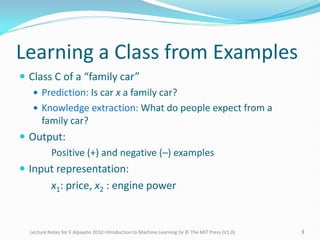 Learning a Class from Examples
 Class C of a “family car”
 Prediction: Is car x a family car?
 Knowledge extraction: What do people expect from a
family car?
 Output:
Positive (+) and negative (–) examples
 Input representation:
x1: price, x2 : engine power
3
Lecture Notes for E Alpaydın 2010 Introduction to Machine Learning 2e © The MIT Press (V1.0)
 