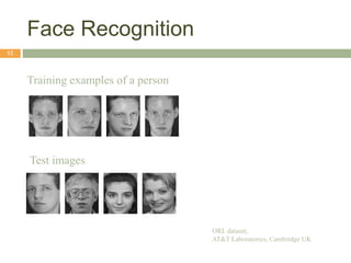 Face Recognition
12
Training examples of a person
Test images
ORL dataset,
AT&T Laboratories, Cambridge UK
 