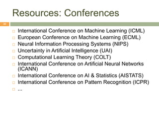 Resources: Conferences
20
 International Conference on Machine Learning (ICML)
 European Conference on Machine Learning (ECML)
 Neural Information Processing Systems (NIPS)
 Uncertainty in Artificial Intelligence (UAI)
 Computational Learning Theory (COLT)
 International Conference on Artificial Neural Networks
(ICANN)
 International Conference on AI & Statistics (AISTATS)
 International Conference on Pattern Recognition (ICPR)
 ...
 