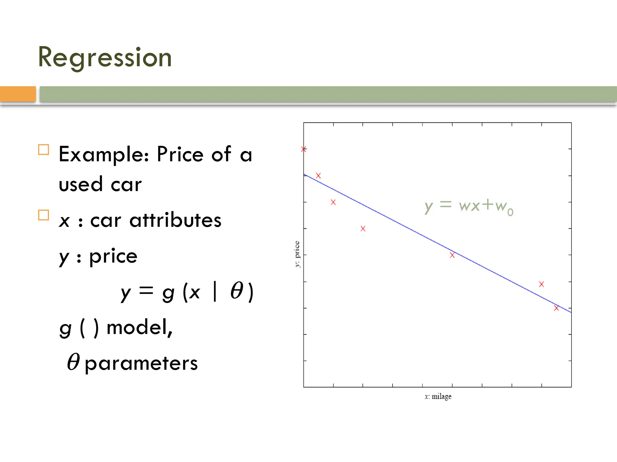 13
Regression
 Example: Price of a
used car
 x : car attributes
y : price
y = g (x | q )
g ( ) model,
q parameters
y = wx+w0
 