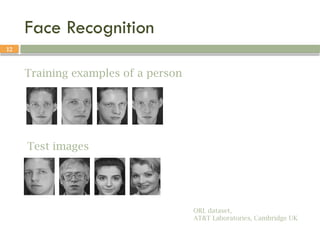 12
Face Recognition
Training examples of a person
Test images
ORL dataset,
AT&T Laboratories, Cambridge UK
 