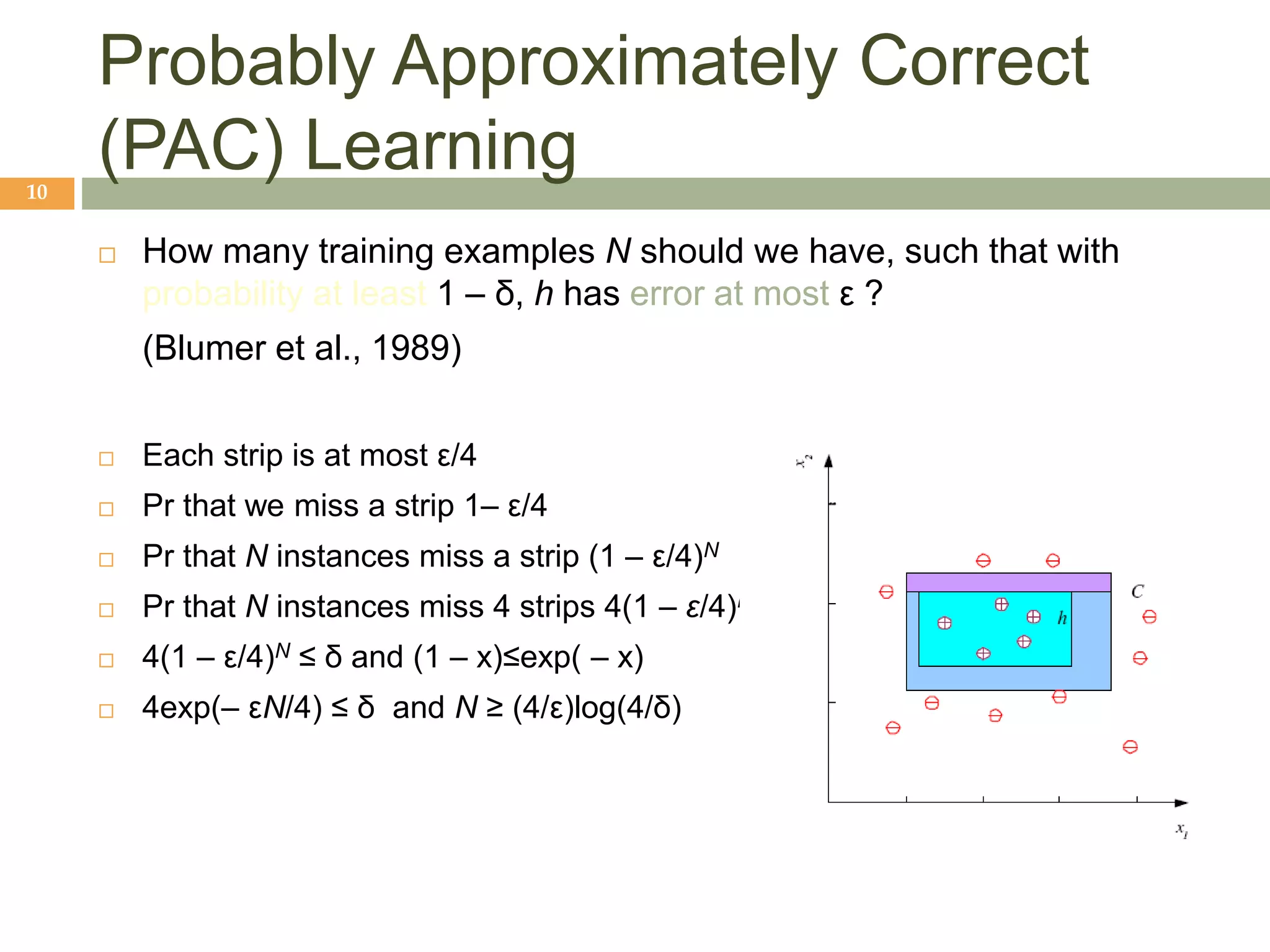 Probably Approximately Correct
(PAC) Learning
10
 How many training examples N should we have, such that with
probability at least 1 ‒ δ, h has error at most ε ?
(Blumer et al., 1989)
 Each strip is at most ε/4
 Pr that we miss a strip 1‒ ε/4
 Pr that N instances miss a strip (1 ‒ ε/4)N
 Pr that N instances miss 4 strips 4(1 ‒ ε/4)N
 4(1 ‒ ε/4)N ≤ δ and (1 ‒ x)≤exp( ‒ x)
 4exp(‒ εN/4) ≤ δ and N ≥ (4/ε)log(4/δ)
 