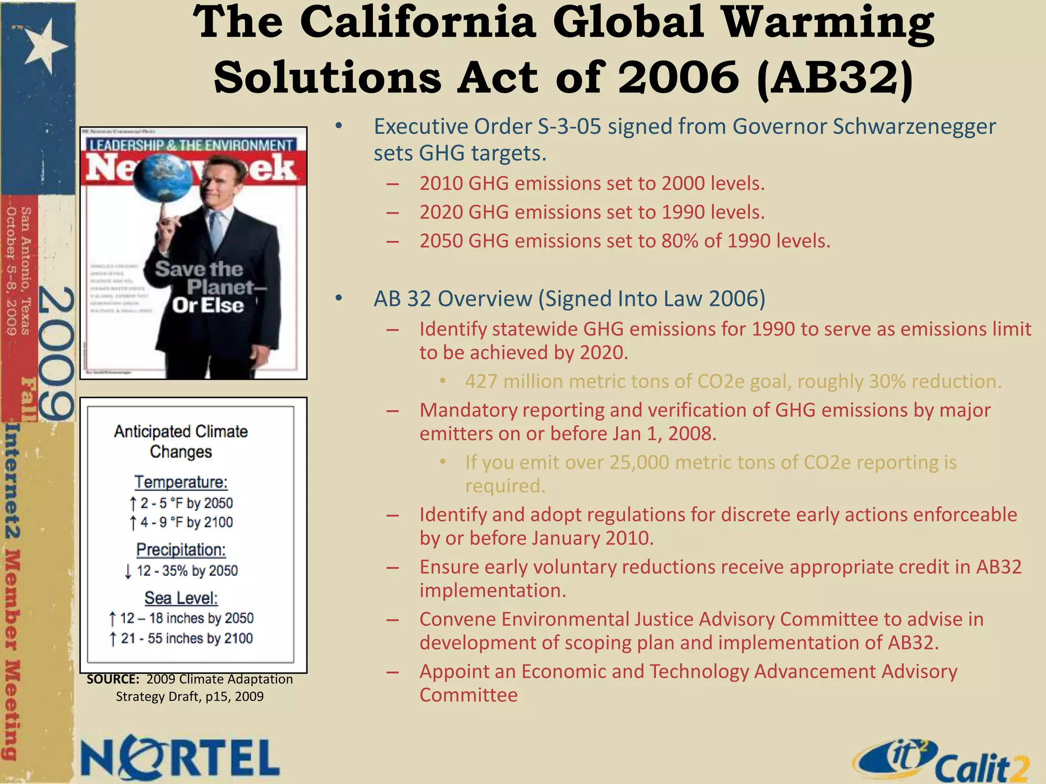 The California Global Warming Solutions Act of 2006 (AB32)Executive Order S-3-05 signed from Governor Schwarzenegger sets GHG targets.  