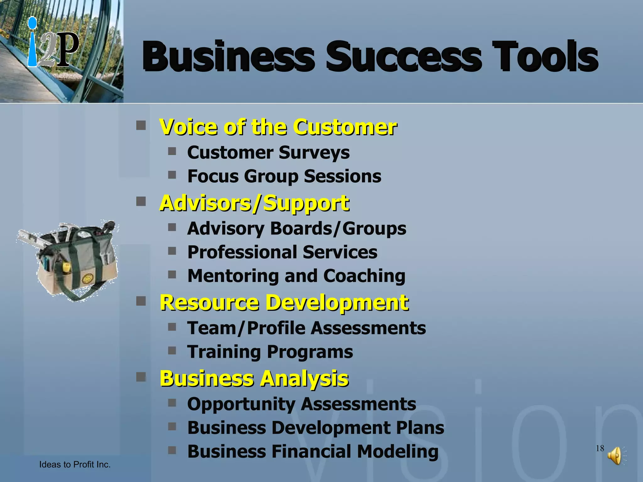 Business Success Tools Voice of the Customer Customer Surveys Focus Group Sessions Advisors/Support Advisory Boards/Groups Professional Services Mentoring and Coaching Resource Development Team/Profile Assessments Training Programs Business Analysis Opportunity Assessments Business Development Plans Business Financial Modeling 