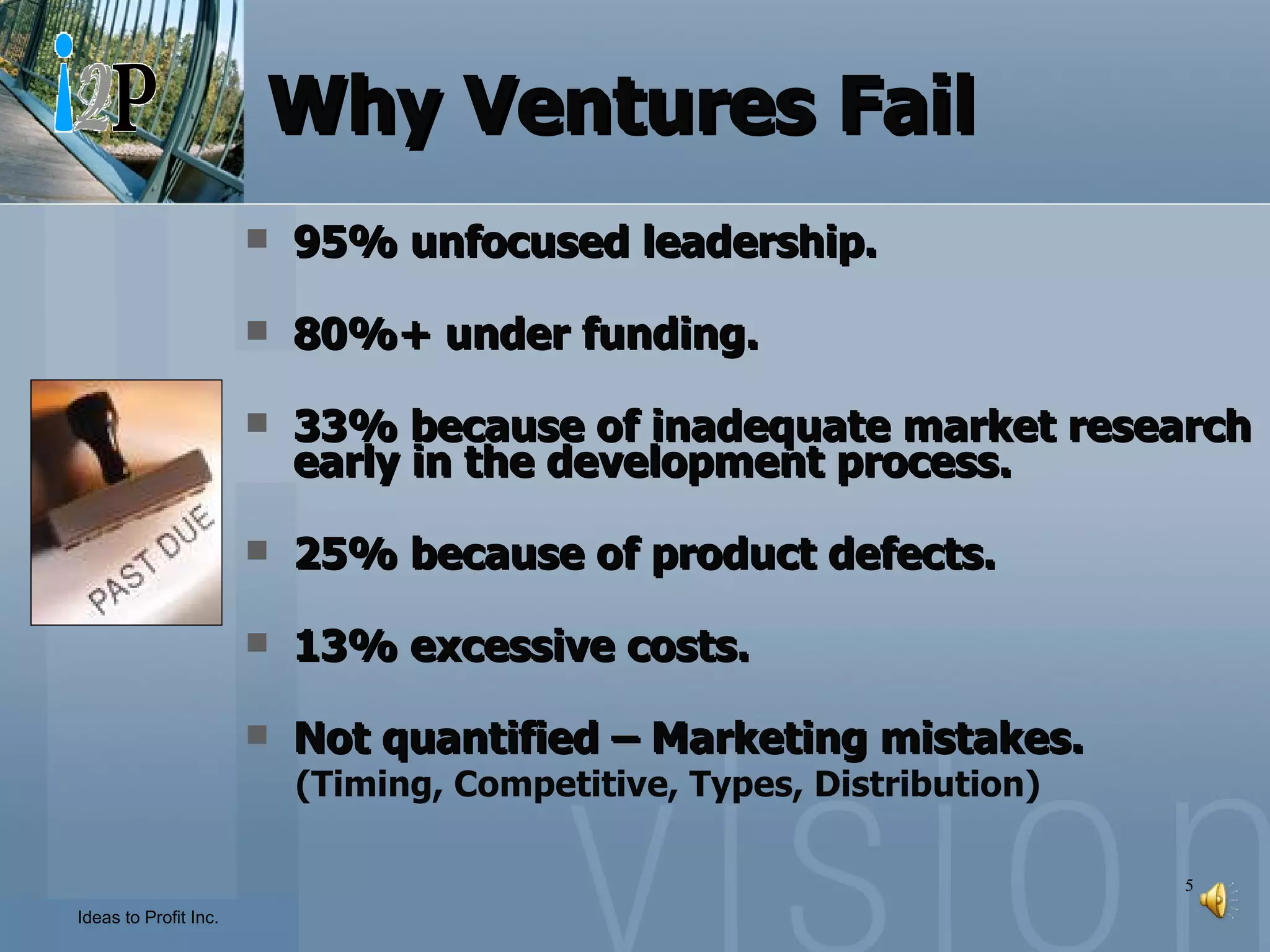 Why Ventures Fail 95% unfocused leadership. 80%+ under funding. 33% because of inadequate market research early in the development process. 25% because of product defects. 13% excessive costs. Not quantified – Marketing mistakes. (Timing, Competitive, Types, Distribution) 