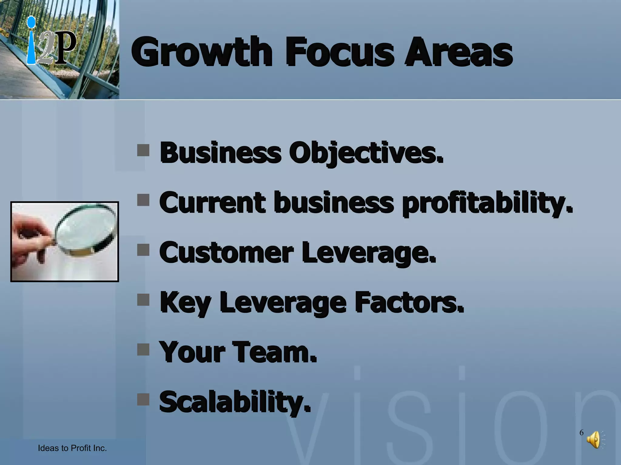 Growth Focus Areas Business Objectives. Current business profitability. Customer Leverage. Key Leverage Factors. Your Team. Scalability. 