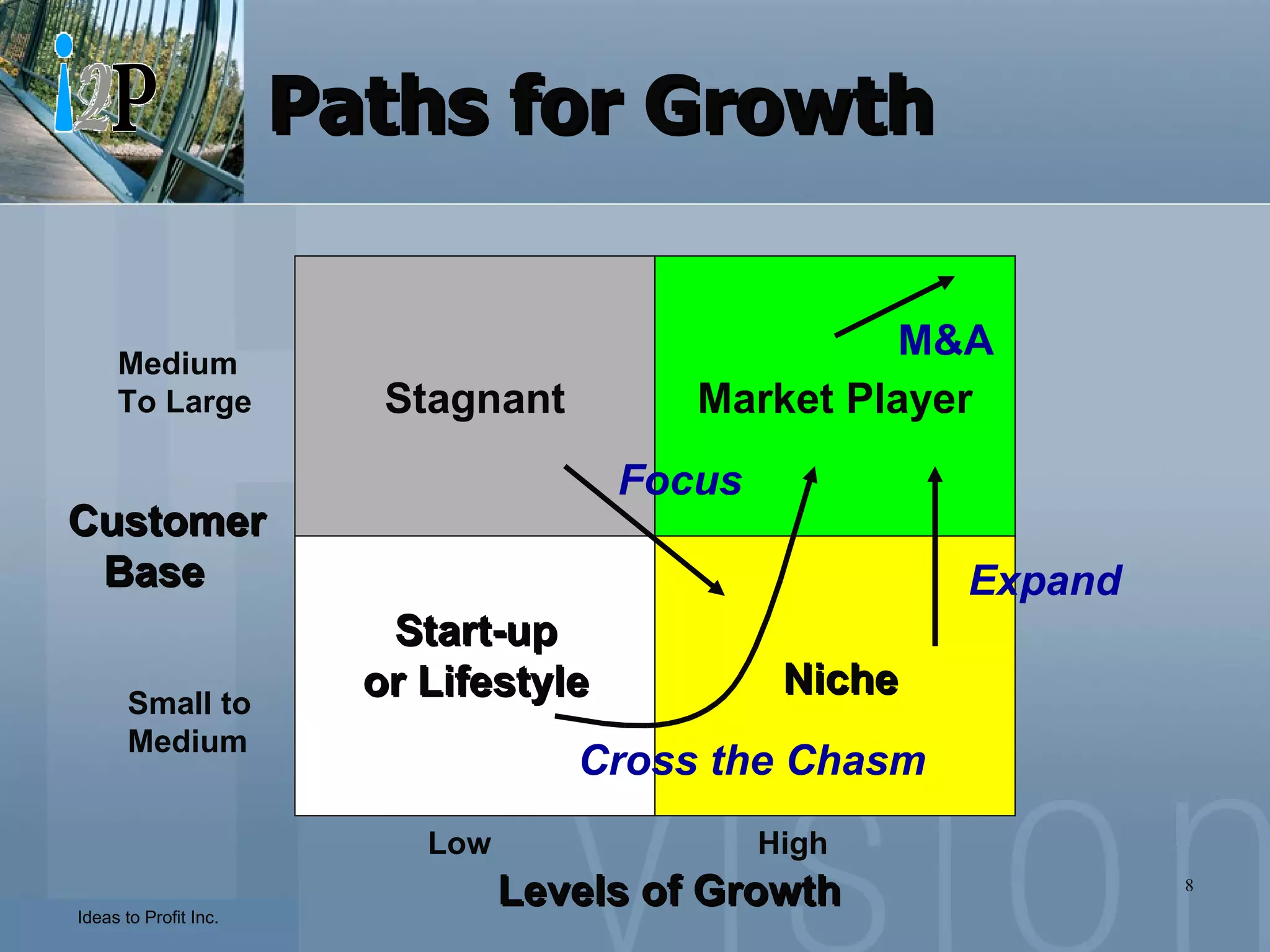 Paths for Growth  Stagnant Niche Market Player Levels of Growth Low High Customer Base Small to Medium Medium To Large Start-up or Lifestyle Focus Cross the Chasm Expand M&A 