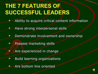 THE 7 FEATURES OF SUCCESSFUL LEADERS ,[object Object],[object Object],[object Object],[object Object],[object Object],[object Object],[object Object]