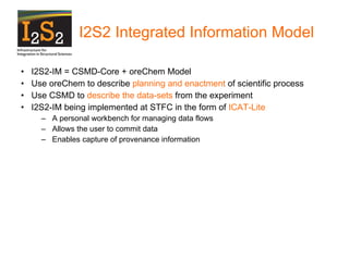 I2S2 Integrated Information Model I2S2-IM = CSMD-Core + oreChem Model Use oreChem to describe  planning and enactment  of scientific process Use CSMD to  describe the data-sets  from the experiment I2S2-IM being implemented at STFC in the form of  ICAT-Lite A personal workbench for managing data flows Allows the user to commit data  Enables capture of provenance information 
