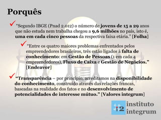 Porquês
“Segundo IBGE (Pnad 2.012) o número de jovens de 15 a 29 anos
que não estuda nem trabalha chegou a 9,6 milhões no país, isto é,
uma em cada cinco pessoas da respectiva faixa etária.” [Folha]
“Entre os quatro maiores problemas enfrentados pelos
empreendedores brasileiros, três estão ligados à falta de
conhecimento: em Gestão de Pessoas (1 em cada 4
empreendedores), Fluxo de Caixa e Gestão de Negócios.”
[Endeavor]
“Transparência – por princípio, acreditamos na disponibilidade
do conhecimento, construído através das relações francas,
baseadas na realidade dos fatos e no desenvolvimento de
potencialidades de interesse mútuo.” [Valores integrum]
 