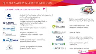 11
3) CLOSE MARKETS & NEW TECHNOLOGIES
EUROPEAN CAPITAL OF SATELLITE NAVIGATION
Center of excellence for GNSS (Global
Navigation Satellite System)
Interactive multimedia GIS guide
(geographic information system)
Guidance systems for mobile machinery
(personal robots, agricultural machines)
Urban car-sharing
Indoor geo-localization solutions
EGNOS operator (European Geostationary
Navigation Overlay Service)
Indoor geo-localization systems
and services
Mobility solutions (diffusion of real-time
information to users, fleet management)
Navigation with Mobil’in City
Contribution to the Galileo and EGNOS
programs
Global leader in spatial telecommunications
and in EGNOS
European Leader and number 3 worldwide for
spatial industries. Satnav: Galileo, Geo-
Intelligence services…
Conducts the French spatial politics. Technical center of
excellence for spatial applications.
Satnav: GALILEO & EGNOS
 