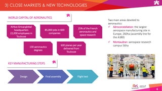 6
3) CLOSE MARKETS & NEW TECHNOLOGIES
85,000 jobs in 600
companies
25% of the French
aeronautics and
space research
130 aeronautics
degrees
600 planes per year
delivered from
Toulouse
Design Final assembly Flight test
Two main areas devoted to
aeronautics:
 Aéroconstellation: the largest
aerospace manufacturing site in
Europe, 260ha (assembly line for
the A380)
 Montaudran: aerospace research
campus 56ha
WORLD CAPITAL OF AERONAUTICS
KEY MANUFACTURING STEPS
Airbus Group global
headquarters
22,000 employees in
Toulouse
 