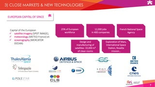 7
3) CLOSE MARKETS & NEW TECHNOLOGIES
25% of European
workforce
12,000 jobs
in 400 companies
French National Space
Agency
Design and
manufacturing of
satellites: 10,000 m²
of clean rooms
Exploration of Mars,
International Space
Station, Rosetta
mission…
Capital of the European
 satellite imagery (SPOT IMAGE),
 meteorology (METEO France) et
 oceanography (MERCATOR
OCEAN)
EUROPEAN CAPITAL OF SPACE
 