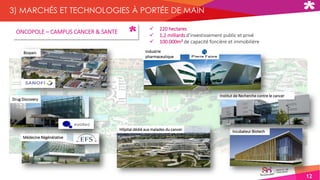12
3) MARCHÉS ET TECHNOLOGIES À PORTÉE DE MAIN
ONCOPOLE – CAMPUS CANCER & SANTE
Bioparc
Médecine Régénérative
Incubateur Biotech
Institut de Recherche contre le cancer
Drug Discovery
Industrie
pharmaceutique
Hôpital dédié aux malades du cancer
 220 hectares
 1,2 milliards d’investissement public et privé
 100.000m² de capacité foncière et immobilière
 