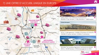 16
7) UNE OFFRE D’ACCUEIL UNIQUE EN EUROPE
MONTAUDRAN
AEROSPACE CAMPUS
ONCOPOLE
CAMPUS
TOULOUSE EURO
SUD OUEST
Oncopole campus
Campus Aerospace
Quartier d’affaires en centre ville
220ha campus | €1,2 Milliards d’investissement
300.000 m² cap. foncière | 1.500 chercheurs | 4000 emplois
56 ha | 1.100 logements | 50.000 m² formation et recherche
190.000 m² secteur tertiaire | 20.000 m² commerces
500.000m² de nouveaux logements, commerces et activités
200 ha | 30.000 bureaux | 47M de passagers/an en 2035
 