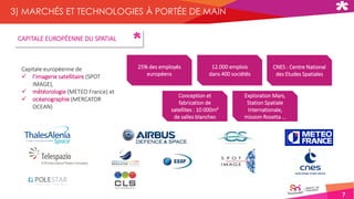 7
3) MARCHÉS ET TECHNOLOGIES À PORTÉE DE MAIN
25% des employés
européens
12.000 emplois
dans 400 sociétés
CNES : Centre National
des Etudes Spatiales
Conception et
fabrication de
satellites : 10 000m²
de salles blanches
Exploration Mars,
Station Spatiale
Internationale,
mission Rosetta …
Capitale européenne de
 l’imagerie satellitaire (SPOT
IMAGE),
 météorologie (METEO France) et
 océanographie (MERCATOR
OCEAN)
CAPITALE EUROPÉENNE DU SPATIAL
 