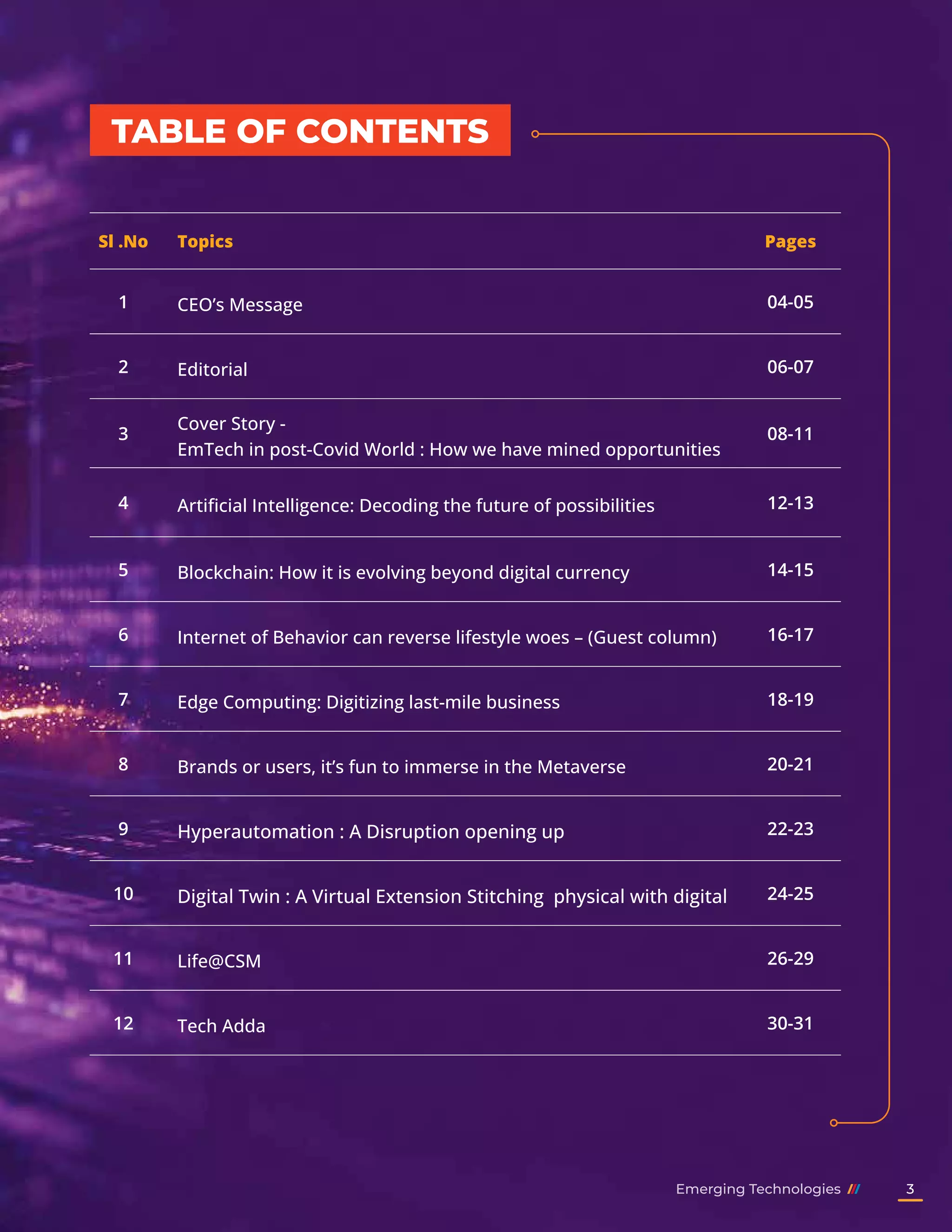 TABLE OF CONTENTS
Sl .No Topics Pages
1 CEO’s Message 04-05
2 Editorial 06-07
3
Cover Story -
EmTech in post-Covid World : How we have mined opportunities
08-11
4 Artificial Intelligence: Decoding the future of possibilities 12-13
5 Blockchain: How it is evolving beyond digital currency 14-15
6 Internet of Behavior can reverse lifestyle woes – (Guest column) 16-17
7 Edge Computing: Digitizing last-mile business 18-19
8 Brands or users, it’s fun to immerse in the Metaverse 20-21
9 Hyperautomation : A Disruption opening up 22-23
10 Digital Twin : A Virtual Extension Stitching physical with digital 24-25
11 Life@CSM 26-29
12 Tech Adda 30-31
Emerging Technologies 3
 