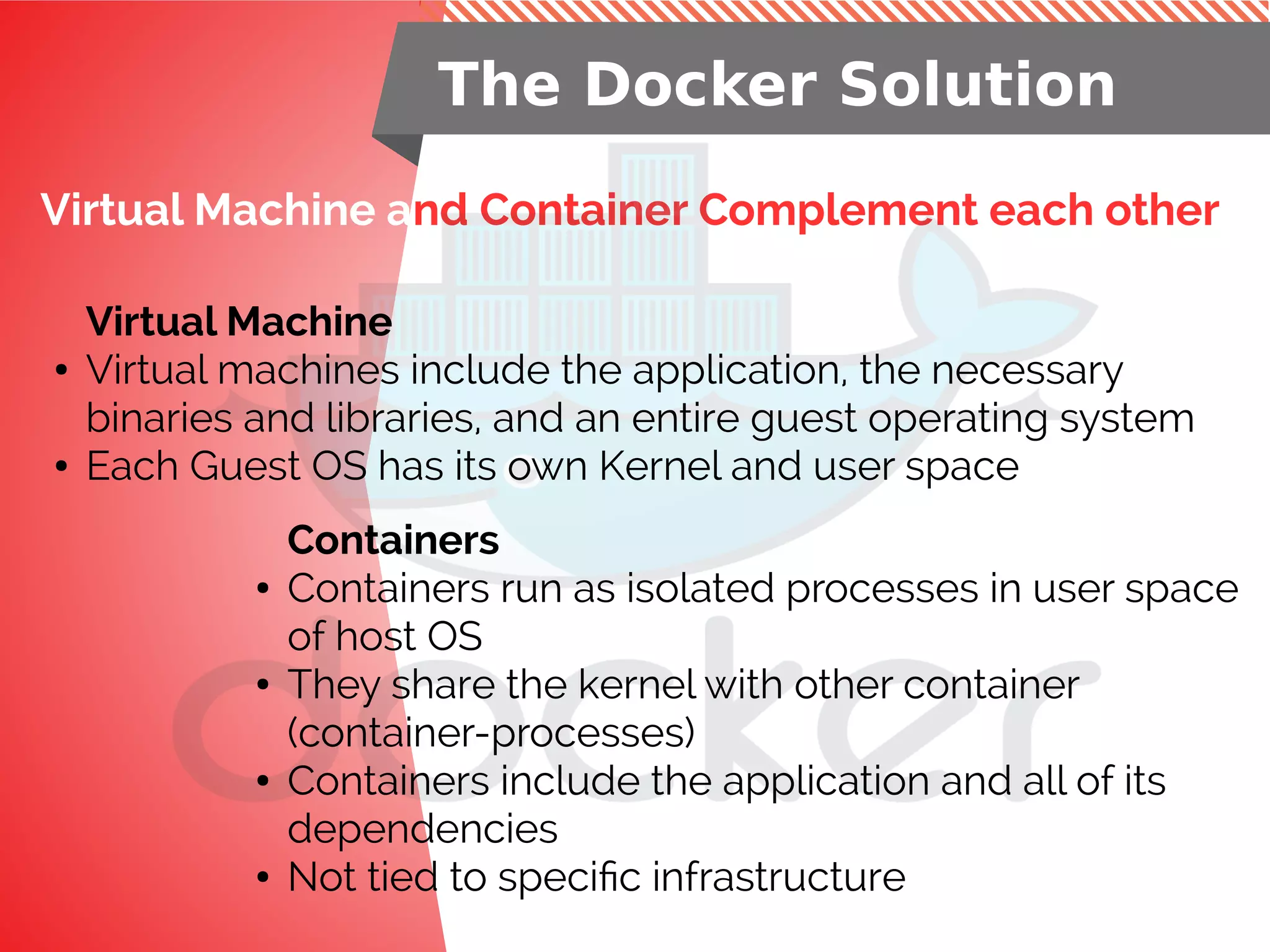 Virtual Machine and Container Complement each other
The Docker Solution
Containers
● Containers run as isolated processes in user space
of host OS
● They share the kernel with other container
(container-processes)
● Containers include the application and all of its
dependencies
● Not tied to specific infrastructure
Virtual Machine
● Virtual machines include the application, the necessary
binaries and libraries, and an entire guest operating system
● Each Guest OS has its own Kernel and user space
 