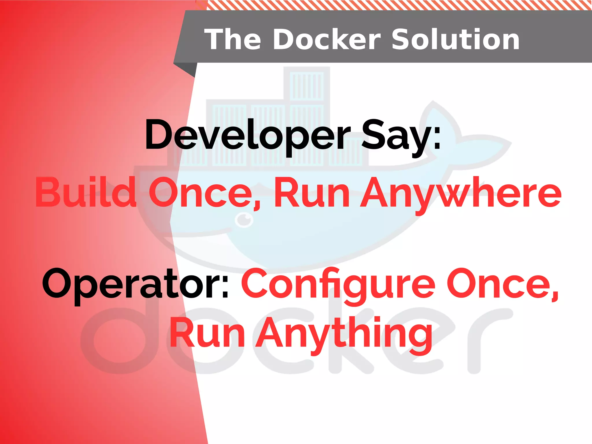 The Docker Solution
Developer Say:
Build Once, Run Anywhere
Operator: Configure Once,
Run Anything
 