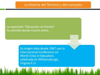 La Historia del Término y del concepto




La expresión “Educación no formal”
ha existido desde mucho antes.




         Su origen data desde 1967 con la
         internacional Conference on
         World Crisis in Education,
         celebrada en Williamsburgo,
         Virginia E.U.
 