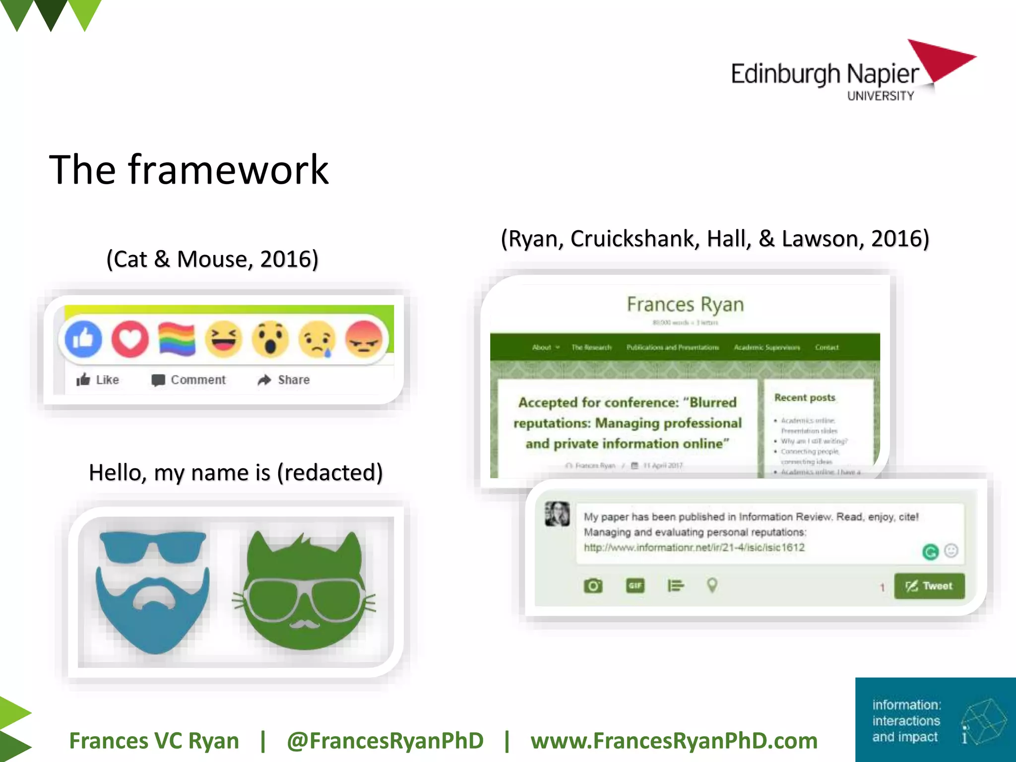 Frances VC Ryan | @FrancesRyanPhD | www.FrancesRyanPhD.com
The framework
(Ryan, Cruickshank, Hall, & Lawson, 2016)
(Cat & Mouse, 2016)
Hello, my name is (redacted)
 