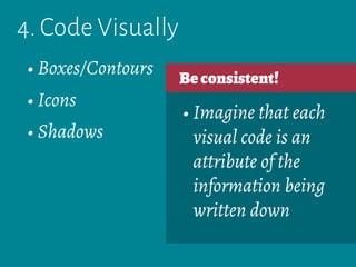 4. Code Visually
• Boxes/Contours
• Icons
• Shadows
Beconsistent!
• Imagine that each
visual code is an
attribute of the
information being
written down
 