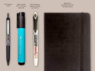 Pilot Precise
V5 RT
Faber Castell
PITT artist pen
big brush
Moleskine/
Handbook Journal/
Art Alternatives
Pilot Envelope
Address Writing
Gel Ink Pen
 