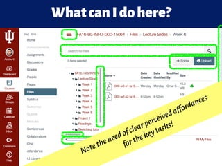 WhatcanIdohere?
Notetheneedofclearperceivedaffordances 
forthekeytasks!
 