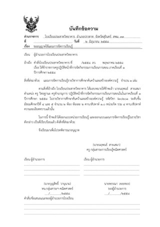 บันทึกข้อความ
ส่วนราชการ โรงเรียนประสาทวิทยาคาร อาเภอปราสาท จังหวัดสุรินทร์ สพม. ๓๓
ที่ วันที่ ๒ มิถุนายน ๒๕๕๘
เรื่อง ขออนุญาตใช้แผนการจัดการเรียนรู้
เรียน ผู้อานวยการโรงเรียนประสาทวิทยาคาร
อ้างถึง คาสั่งโรงเรียนประสาทวิทยาคาร ที่ /๒๕๕๘ ลว. พฤษภาคม ๒๕๕๘
เรื่อง ให้ข้าราชการครูปฏิบัติหน้าที่การจัดกิจกรรมการเรียนการสอน ภาคเรียนที่ ๑
ปีการศึกษา ๒๕๕๘
สิ่งที่ส่งมาด้วย แผนการจัดการเรียนรู้รายวิชาการศึกษาค้นคว้าและสร้างองค์ความรู้ จานวน ๑ เล่ม
ตามสิ่งที่อ้างถึง โรงเรียนประสาทวิทยาคาร ได้มอบหมายให้ข้าพเจ้า นายนฤพนธ์ สายเสมา
ตาแหน่ง ครู วิทยฐานะ ครูชานาญการ ปฏิบัติหน้าที่การจัดกิจกรรมการเรียนการสอนในในภาคเรียนที่ ๑
ปีการศึกษา ๒๕๕๘ ในรายวิชาการศึกษาค้นคว้าและสร้างองค์ความรู้ รหัสวิชา I๓๐๒๐๑ ระดับชั้น
มัธยมศึกษาปีที่ ๔ และ ๕ จานวน ๒ ห้อง ห้องละ ๒ คาบ/สัปดาห์ ๑.๐ หน่วยกิต รวม ๔ คาบ/สัปดาห์
ความละเอียดทราบแล้วนั้น
ในการนี้ ข้าพเจ้าได้ออกแบบหน่วยการเรียนรู้ และออกแบบแผนการจัดการเรียนรู้ในรายวิชา
ดังกล่าว เป็นที่เรียบร้อยแล้ว ดังสิ่งที่ส่งมาด้วย
จึงเรียนมาเพื่อโปรดพิจารณาอนุญาต
(นายนฤพนธ์ สายเสมา)
ครู กลุ่มสาระการเรียนรู้คณิตศาสตร์
เรียน ผู้อานวยการ เรียน ผู้อานวยการ
(นายบุญสิทธิ์ วานุนาม)
หน.กลุ่มสาระฯ คณิตศาสตร์
/ /๒๕๕๘
นายพรรณา ลอยทอง)
รองผู้อานวยการ
/ /๒๕๕๘
คาสั่ง/ข้อเสนอแนะของผู้อานวยการโรงเรียน
 