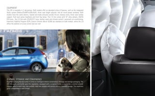 EQUIPMENT
The i30 is available in 2 derivatives. Both models offer an abundant array of features, such as the integrated
Audio system (Radio+CD+MP3+USB+AUX), driver seat height adjuster, and all round power windows. Both
models have the same electric, heated and body-coloured outside mirrors, keyless entry, driver seat lumbar
support, front seat active headrests and front fog lamps. The 1.6 litre comes with 16” alloy wheels, 205/55
R16 tyres, the 2.0 litre with 225/45 R17 tyres, leather seats and climate control / automatic air-conditioning.
Electronic Stability Program (ESP), Electro Chromic Mirror (ECM) are standard on both models, while the 2.0
offers the addition of cruise control and sun roof.




STORAGE, STOWAGE AND CONVENIENCE
Hyundai is among the best when it comes to intelligent interior convenience, stowage and storage packaging. The
i30 lives up to, and builds upon this reputation, equipped with a sunglass holder, a cup holder, a central console
storage, easy to reach door map pockets, seat rear pockets and central armrest mounted storage. The capacious
glove compartment is also cooled.
 