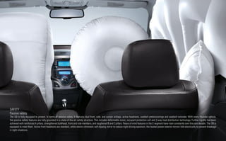 SAFETY
Passive safety
The i30 is fully equipped to protect. In terms of passive safety, it features dual front, side, and curtain airbags, active headrests, seatbelt pretensionings and seatbelt reminder. With every Hyundai vehicle,
the passive safety features are fully grounded in a state-of-the-art safety structure. This includes deformable zones, occupant protection cell and 3-way load distribution technology. Further rigidity has been
achieved with reinforced A pillars, strengthened bulkhead, front and side members, and toughened B and C pillars. Peace of mind features in the C-segment have risen constantly over the past decade. The i30 is
equipped to meet them. Active front headrests are standard, while electro chromatic self-dipping mirror to reduce night driving eyestrain, the heated power exterior mirrors fold electrically to prevent breakage
in tight situations.
 