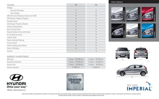 Colour Options
FEATURES                                                                                                                        1.6                                       2.0
Airbags
     Driver & Passenger                                                                                                          •                                         •




                                                                                                                                                                                                                                     Continental SIlver
     Side Airbags                                                                                                                •                                         •




                                                                                                                                                                                                                                                                                                               Amber Red
ABS (Anti-lock Breaking System) with EBD                                                                                         •                                         •




                                                                                                                                                                                                                                                                  Steel Grey
ESP (Electric Stability Program)                                                                                                 •                                         •
Crumple Zones                                                                                                                    •                                         •
Side Impact Protection Beams                                                                                                     •                                         •
Central Locking Doors                                                                                                            •                                         •
Auto Locking Doors                                                                                                               •                                         •




                                                                                                                                                                                                                                                                  Crystal White
                                                                                                                                                                                                                                     Stone Black
Remote Keyless Entry with Alarm                                                                                                  •                                         •




                                                                                                                                                                                                                                                                                                               Vivid Blue
Air-Conditioner (Auto)                                                                                                           •                                         •
Leather Seats                                                                                                                    •                                         •
Power Assisted Steering                                                                                                          •                                         •
Cruise Control                                                                                                                   -                                         •
Electric Folding Side Mirrors                                                                                                    •                                         •
Electric Windows                                                                                                                 •                                         •
Sunroof                                                                                                                          -                                         •




                                                                                                                                                                                                                                                                                                       1,480
WARRANTY & MAINTENANCE
Warranty                                                                                                           5 Years / 150 000 km                     5 Years / 150 000 km                                                 1,546
                                                                                                                                                                                                                                 1,775
                                                                                                                                                                                                                                                                                  1,544



Roadside Assistance                                                                                                5 Years / 150 000 km                     5 Years / 150 000 km
                                                                                                                                                                                                                                                                                                unit : mm




Service Plan                                                                                                       5 Years / 90 000 km                      5 Years / 90 000 km
Service Intervals                                                                                                       15 000 km                                15 000 km



                                                                                                                                                                                                                           865                            2,650                           720
                                                                                                                                                                                                                                                          4,245




Website: www.hyundai.co.za

                    Certain vehicle details and specifications contained in this brochure may differ from available models. Hyundai Automotive South Africa (Pty) Ltd make no warranty, either expressed or implied, concerning the verisimilitude of contained material.
                                                                                                Hyundai reserves the right to alter any details of specifications and equipment without notice.
 
