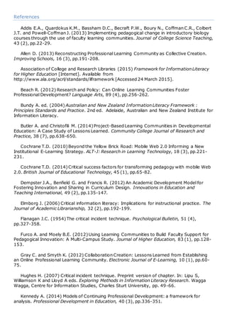 References
Addis E.A., Quardokus K.M., Bassham D.C., Becraft P.W., Boury N., Coffman C.R., Colbert
J.T. and Powell-Coffman J. (2013) Implementing pedagogical change in introductory biology
courses through the use of faculty learning communities. Journal of College Science Teaching,
43 (2), pp.22-29.
Allen D. (2013) Reconstructing Professional Learning Community as Collective Creation.
Improving Schools, 16 (3), pp.191-208.
Association of College and Research Libraries (2015) Framework for Information Literacy
for Higher Education [Internet]. Available from
http://www.ala.org/acrl/standards/ilframework [Accessed 24 March 2015].
Beach R. (2012) Research and Policy: Can Online Learning Communities Foster
Professional Development? Language Arts, 89 (4), pp.256-262.
Bundy A. ed. (2004) Australian and New Zealand Information Literacy Framework :
Principles Standards and Practice. 2nd ed. Adelaide, Australian and New Zealand Institute for
Information Literacy.
Butler A. and Christofili M. (2014)Project-Based Learning Communities in Developmental
Education: A Case Study of Lessons Learned. Community College Journal of Research and
Practice, 38 (7), pp.638-650.
Cochrane T.D. (2010)Beyond the Yellow Brick Road: Mobile Web 2.0 Informing a New
Institutional E-Learning Strategy. ALT-J: Research in Learning Technology, 18 (3), pp.221-
231.
Cochrane T.D. (2014)Critical success factors for transforming pedagogy with mobile Web
2.0. British Journal of Educational Technology, 45 (1), pp.65-82.
Dempster J.A., Benfield G. and Francis R. (2012) An Academic Development Model for
Fostering Innovation and Sharing in Curriculum Design. Innovations in Education and
Teaching International, 49 (2), pp.135-147.
Elmborg J. (2006) Critical information literacy: Implications for instructional practice. The
Journal of Academic Librarianship, 32 (2), pp.192-199.
Flanagan J.C. (1954)The critical incident technique. Psychological Bulletin, 51 (4),
pp.327-358.
Furco A. and Moely B.E. (2012)Using Learning Communities to Build Faculty Support for
Pedagogical Innovation: A Multi-Campus Study. Journal of Higher Education, 83 (1), pp.128-
153.
Gray C. and Smyth K. (2012) Collaboration Creation: Lessons Learned from Establishing
an Online Professional Learning Community. Electronic Journal of E-Learning, 10 (1), pp.60-
75.
Hughes H. (2007) Critical incident technique. Preprint version of chapter. In: Lipu S,
Williamson K and Lloyd A eds. Exploring Methods in Information Literacy Research. Wagga
Wagga, Centre for Information Studies, Charles Sturt University, pp. 49-66.
Kennedy A. (2014) Models of Continuing Professional Development: a framework for
analysis. Professional Development in Education, 40 (3), pp.336-351.
 