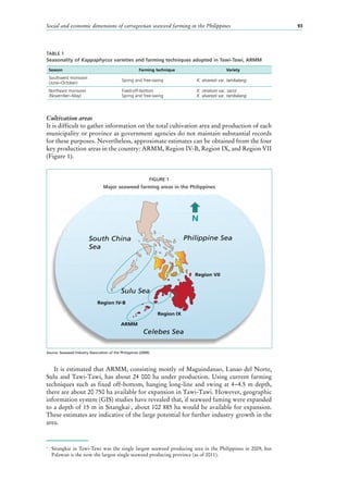 Social and economic dimensions of carrageenan seaweed farming in the Philippines 93
TABLE 1
Seasonality of Kappaphycus varieties and farming techniques adopted in Tawi-Tawi, ARMM
Season Farming technique Variety
Southwest monsoon
(June−October)
Spring and free-swing K. alvarezii var. tambalang
Northeast monsoon
(November−May)
Fixed-off-bottom
Spring and free-swing
K. striatum var. sacol
K. alvarezii var. tambalang
Cultivation areas
It is difficult to gather information on the total cultivation area and production of each
municipality or province as government agencies do not maintain substantial records
for these purposes. Nevertheless, approximate estimates can be obtained from the four
key production areas in the country: ARMM, Region IV-B, Region IX, and Region VII
(Figure 1).
It is estimated that ARMM, consisting mostly of Maguindanao, Lanao del Norte,
Sulu and Tawi-Tawi, has about 24 000 ha under production. Using current farming
techniques such as fixed off-bottom, hanging long-line and swing at 4−4.5 m depth,
there are about 20 750 ha available for expansion in Tawi-Tawi. However, geographic
information system (GIS) studies have revealed that, if seaweed faming were expanded
to a depth of 15 m in Sitangkai1
, about 102 885 ha would be available for expansion.
These estimates are indicative of the large potential for further industry growth in the
area.
1
	 Sitangkai in Tawi-Tawi was the single largest seaweed producing area in the Philippines in 2009, but
Palawan is the now the largest single seaweed producing province (as of 2011).
Source: Seaweed Industry Association of the Philippines (2009).
FIGURE 1
Major seaweed farming areas in the Philippines
South China
Sea
Philippine Sea
Sulu Sea
ARMM
Celebes Sea
N
Region IV-B
Region IX
Region VII
 