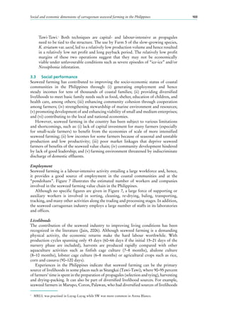 Social and economic dimensions of carrageenan seaweed farming in the Philippines 103
Tawi-Tawi.7
Both techniques are capital- and labour-intensive as propagules
need to be tied to the structure. The use by Farm 5 of the slow-growing species,
K. striatum var. sacol, led to a relatively low production volume and hence resulted
in a relatively low net profit and long payback period. The relatively low profit
margins of these two operations suggest that they may not be economically
viable under unfavourable conditions such as severe episodes of “ice-ice” and/or
Neosiphonia infestation.
3.3	 Social performance
Seaweed farming has contributed to improving the socio-economic status of coastal
communities in the Philippines through: (i) generating employment and hence
steady incomes for tens of thousands of coastal families; (ii) providing diversified
livelihoods to meet basic family needs such as food, shelter, education of children, and
health care, among others; (iii) enhancing community cohesion through cooperation
among farmers; (iv) strengthening stewardship of marine environment and resources;
(v) promoting development of and enhancing viability of small and medium enterprises;
and (vi) contributing to the local and national economies.
However, seaweed farming in the country has been subject to various limitations
and shortcomings, such as: (i) lack of capital investment for many farmers (especially
for small-scale farmers) to benefit from the economies of scale of more intensified
seaweed farming; (ii) low incomes for some farmers because of seasonal and unstable
production and low productivity; (iii) poor market linkages that deprive seaweed
farmers of benefits of the seaweed value chain; (iv) community development hindered
by lack of good leadership; and (v) farming environment threatened by indiscriminate
discharge of domestic effluents.
Employment
Seaweed farming is a labour-intensive activity entailing a large workforce and, hence,
it provides a good source of employment in the coastal communities and at the
“pondohans”. Figure  7 illustrates the estimated number of workers and companies
involved in the seaweed farming value chain in the Philippines.
Although no specific figures are given in Figure 7, a large force of supporting or
auxiliary workers is involved in sorting, cleaning, re-drying, baling, transporting,
tracking, and many other activities along the trading and processing stages. In addition,
the seaweed carrageenan industry employs a large number of staffs in its laboratories
and offices.
Livelihoods
The contribution of the seaweed industry to improving living conditions has been
recognized in the literature (Jain, 2006). Although seaweed farming is a demanding
physical activity, the economic returns make the hard labour worthwhile. With
production cycles spanning only 45 days (60–66 days if the initial 15–21 days of the
nursery phase are included), harvests are produced rapidly compared with other
aquaculture activities such as finfish cage culture (7–8  months), abalone culture
(8–10 months), lobster cage culture (6–8 months) or agricultural crops such as rice,
corn and cassava (90–120 days).
Experiences in the Philippines indicate that seaweed farming can be the primary
source of livelihoods in some places such as Sitangkai (Tawi-Tawi), where 90–95 percent
of farmers’ time is spent in the preparation of propagules (selection and tying), harvesting
and drying–packing. It can also be part of diversified livelihood sources. For example,
seaweed farmers in Marupo, Coron, Palawan, who had diversified sources of livelihoods
7
	 MRLL was practised in Layag-Layag while SW was more common in Arena Blanco.
 