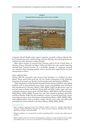 Social and economic dimensions of carrageenan seaweed farming in the United Republic of Tanzania 121
companies abroad. Besides major export companies5
, anecdotic evidence indicates that
local entrepreneurs have started joining seaweed collecting and exporting businesses
and hence provide alternative market channels.
Main export markets of seaweed from Tanzania used to be the United States of
America, France, Denmark and Spain. Chile and China have also started importing
seaweed from Tanzania because of a worldwide shortage of carageenan seaweed
raw materials. Such emerging markets tend to provide more opportunities for local
entrepreneurs to thrive.
Value-added products
During 1983−84, researchers used extracts from Gracilaria as a fertilizer for bean
plants6
. These initial trials paved the way for further examination of the fertilizing
properties of seaweeds (e.g. the Zero Emissions Research and Initiatives [ZERI]).7
Under the guidance of the Zanzibar Seaweed Cluster Initiative (ZaSCI), value-added
products such as seaweed-based soaps, body creams, and puddings were developed
and manufactured in Zanzibar (Msuya, 2005; 2006b). ZaSCI produced four types of
seaweed soaps in Kidoti and Bweleo during 2008 and 2009: regular soaps and soaps
containing cinnamon, lemon grass, and lime (Msuya, 2008; Msuya and Kyewalyanga,
2008; Msuya, 2009c; 2009d). Farmers have also been trained in Jambiani (Zanzibar)
and Wete (Pemba). ZaSCI has also produced a variety of seaweed-based body creams
containing cinnamon, clove, lemon grass and eucalyptus (Msuya, 2009c; 2009d). Other
value-added products such as crackers, candies, biscuits, juice, cakes and salad could
potentially be commercialized in the future (Msuya, 2006b; 2009c; 2009d).
5
	 Major companies exporting seaweed from Tanzania include C-weed Co., Zanzibar Agro-Seaweed
Company Limited (ZASCOL), Zanzibar East African Seaweed Company (ZANEA), Birr, Mwani
Mariculture, ZanQue and Zanzibar Shell.
6
	 Mshigeni and Msuya were among the first scientists undertaking efforts to develop value-added seaweed
products.
7
	 ZERI is a global network of scientists and entrepreneurs working on a range of projects and case studies
that emphasize the use of waste as raw materials for the development of new production systems.
FIGURE 6
Seaweed farmers tying seed at sea in Uroa, Zanzibar
 