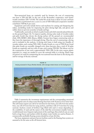 Social and economic dimensions of carrageenan seaweed farming in the United Republic of Tanzania 125
Non-motorized boats are routinely used by farmers; the cost of constructing
one boat is TZS  430  000. In the case of the 58-member cooperative, each farmer
would contribute TZS 7 413.80. The useful life of the boat is about 10 years and boat
maintenance is performed once a year at a cost of TZS 5 000 (each cooperative member
contributes TZS 86.21 per year).
Equipment and tools include knives and machetes for cutting and sharpening the
stakes, snorkelling masks for inspecting the plots during high tide, and gloves and
rubber shoes to prevent scratches in hands and legs.
Traditionally, seaweeds are dried on palm fronds and cloth materials placed directly
on the ground (Figure 10). To improve quality, drying racks made of wooden stakes
and palm fronds that elevate the drying surface off the ground are recommended
(Ask, 1999; MNRT, 2005; Msuya, 2006b). Farmers have begun constructing racks as
they learn the importance of thorough drying. Thus the cost of constructing a drying
rack is included in this analysis. A drying rack frame is built using two bundles of
wooden stakes, each costing TZS 2 000, 15 palm fronds at a cost of TZS 50 per frond
(the palm fronds are normally changed every three harvests, thus a total of 30 palm
fronds are required), and two rolls of rope, each costing TZS 500. The labour cost for
the construction of one rack is approximately TZS 2 000. In the rainy season, plastic
materials (i.e., tarps) are needed to cover the seaweed while it is drying. Plastic bags
(10 pieces) are used for transporting the wet seaweed from the farm to the drying area
and for storage of the dry seaweed.
Table 2 summaries the investment requirements and the corresponding amortized
annual capital costs of a deep-water floating-lines farm with 30 pieces of 12-meter lines.
The raft frames require one roll of 12-mm lines for the frame, one roll of 10-mm anchor
lines, one roll of 8-mm lines for tying anchors, and three rolls of 4-mm lines for tying
seaweed. Anchors consist of fertilizer bags filled with sand or stones depending on
the availability of sand and the nature of the tidal flat environment (muddy bottoms
would demand more frequent replacement of the sand bags). Recycled oil cans are used
both as large buoys and markers while the plastic water bottles are used as floaters. A
commercially profitable floating system should be at least 20×10m.
The boat, equipment and post-harvest facilities used in the floating-lines system are
assumed to be the same as the off-bottom farm.
FIGURE 10
Drying seaweed in Kiuyu (Pemba Island), with storage sheds shown at the background
 