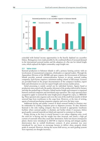 Social and economic dimensions of carrageenan seaweed farming152
coincided with limited income opportunities in the heavily depleted sea cucumber
fishery. Rising prices were made possible by the combined effects of increased demand
in the international seaweed market and the adoption of a flat rate for inland freight
costs, which replaced the higher commodity cargo freight rate.
2.3	 Value chain
Seaweed production in Solomon Islands is still a primary farming activity with no
involvement of transnational companies, wholesalers or regional traders. Through the
Aquaculture Division of the MFMR and upon request, the Government of Solomon
Islands provides seaweed commercialization licences to private seaweed trading
companies. Each licence requires a minimum trading volume of 200 tonnes. Licences
are provided based on the proper documentation of the company’s facilities, export
links and information on costs for export freight and overseas market prices.
Initial processing is mainly carried out by individual farmers. Agents based at
production sites control only the quality (dryness) of the product delivered by farmers
and ship the packed bags to Honiara. Inland marine freight and transport is organized
between seaweed companies and interisland cargo operators. The cargo operators have
accepted to apply to seaweed the same freight prices charged for copra, i.e. SBD0.50/
kg. These operators also organize and cover the costs of the small-boat transfer of dried
seaweed bags from warehouses to the cargo boat. However, at the time of writing,
agents of seaweed purchasing companies organize and cover the latter costs.
Additional drying and quality control of dried seaweed landed in Honiara may
be undertaken by trading companies prior to shipment overseas. To date, Solomon
Seaweed is the only trading company that has invested in appropriate warehouse
facilities where seaweed quality is checked, and further dried, if necessary, before
good-quality seaweed materials are baled and exported in containers to Europe.
Proper drying at the farm is crucial because it can reduce shipping costs, avoid
the need for re-drying and the weight loss thus incurred, and ensure a high gel
content of seaweeds when they reach their destination. Solar tent dryers (transparent
plastic sheets) were introduced in 2007/08 to improve drying and mitigate quality
deterioration due to rainfall (freshwater contact). A price premium was once
introduced by one buyer to encourage farmers to deliver clean, properly dried,
grade-A seaweed. However, during the recent field survey, no such grading systems
were reported, nor thought necessary.
FIGURE 3
Seaweed production vs sea cucumber exports in Solomon Islands
0
100
200
300
400
500
Sea cucumber exportsSeaweed production
2009200820072006200520042003
(Tonnes)
 