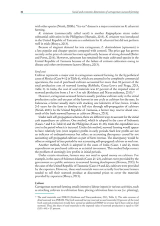 Social and economic dimensions of carrageenan seaweed farming32
with other species (Neish, 2008b). “Ice-ice” disease is a major constraint on K. alvarezii
farming.
K.  striatum (commercially called sacol) is another Kappaphycus strain under
substantial cultivation in the Philippines (Hurtado, 2013). K. striatum was introduced
in the United Republic of Tanzania as a substitute for K. alvarezii but did not perform
well in trials (Msuya, 2013).
Because of stagnant demand for iota carrageenan, E.  denticulatum (spinosum) is
a less popular and cheaper species compared with cottonii. The price gap has grown
recently as the price of cottonii has risen significantly because of strong demand (Bixler
and Porse, 2011). However, spinosum has remained the main cultivated species in the
United Republic of Tanzania because of the failure of cottonii cultivation owing to
disease and other environment factors (Msuya, 2013).
Seed cost
Cultivar represents a major cost in carrageenan seaweed farming. In the hypothetical
cases of Mexico (Case 9–12 in Table 6), which are assumed to be completely commercial
operations, the cost of purchased cultivars accounted for more than 30 percent of the
total production cost of seaweed farming (Robledo, Gasca-Leyva and Fraga, 2013,
Table 3). In India, the cost of seed materials was 27 percent of the imputed value of
seaweed production from a 3 m × 3 m raft (Krishnan and Narayanakumar, 2013).10
However, carrageenan seaweed farmers usually purchase cultivars only in the initial
production cycles and use part of the harvest in one cycle as cultivars for the next. In
Indonesia, a farmer usually starts with stocking one kilometre of line; hence, it takes
2–3  years for the farm to develop to full size through self-propagation of cultivars
(Neish, 2013). In the United Republic of Tanzania, a farmer may reserve about one-
tenth of the fresh seaweed harvest as cultivars (Msuya, 2013).
Under such self-propagation schemes, there are different ways to account for the initial
cash expenditure on cultivars. One method, which is adopted in the cases of Indonesia
(Cases 7 and 8 in Table 6) and the Philippines (Cases 13–18), treats the expenditure as a
cost in the period when it is incurred. Under this method, seaweed farming would appear
to have relatively low (even negative) profits in early periods. Such low profits are not
an indicator of underperformance but reflect an accounting discrepancy caused by not
accounting self-propagated cultivars as part of farm revenue. The discrepancy would be
offset or mitigated in later periods by not accounting self-propagated cultivars as seed cost.
Another method, which is adopted in the cases of India (Cases  1 and 2), treats
expenditures on purchased cultivars as an initial investment. This method helps correct
the problem of seemingly low profits in initial periods.
Under certain situations, farmers may not need to spend money on cultivars. For
example, in the cases of Solomon Islands (Cases 21–23), cultivars were provided by the
government as a public assistance to seaweed farming development (Kronen, 2013). In
the cases of the United Republic of Tanzania (Cases 19 and 20), cultivars were provided
by the exporters. However, these seed materials were not actually free because farmers
needed to sell their seaweed produce at discounted prices to cover the materials
provided by exporters (Msuya, 2013).
Labour
Carrageenan seaweed farming entails intensive labour inputs in various activities, such
as attaching cultivars to cultivation lines, placing cultivation lines in sea (i.e. planting),
10
	The seed materials cost INR105 (Krishnan and Narayanakumar, 2013, Table 3). The sales revenue of
dried seaweed was INR320. The fresh seaweed harvest reserved as seed materials (18 percent of the total
fresh seaweed production) would have earned an additional INR69 in revenue had it been sold as dried
seaweed. Thus, the share of seed materials in the imputed value of seaweed production is equal to 105/
(320 + 69) = 27 percent.
 
