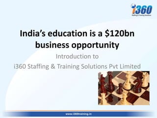 India’s education is a $120bn
      business opportunity
               Introduction to
i360 Staffing & Training Solutions Pvt Limited
 
